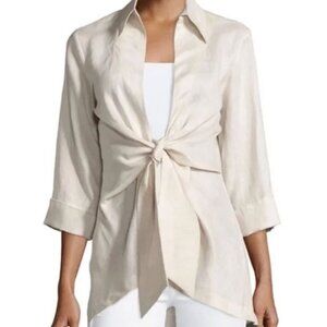Neiman Marcus 100% Linen Tie-Front Blouse XL Sand Beige